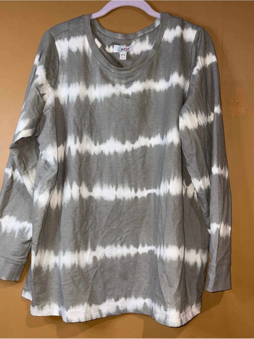 HC801 Denim & Co. Tie-Dye French Terry Long-Sleeve Sweatshirt  Stone Size 1X